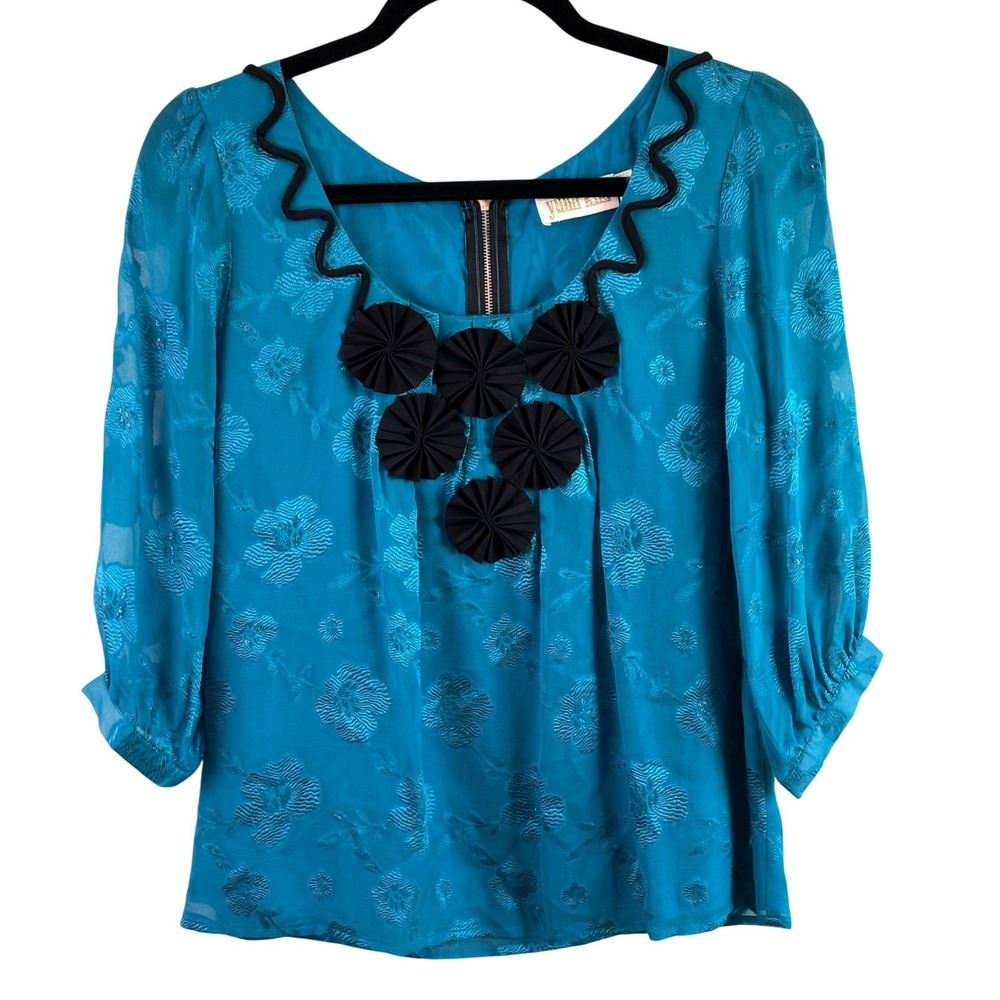 Yumi Kim Blouse Teal Blue Women S Floral Jacquard 3D Rosette Applique Top